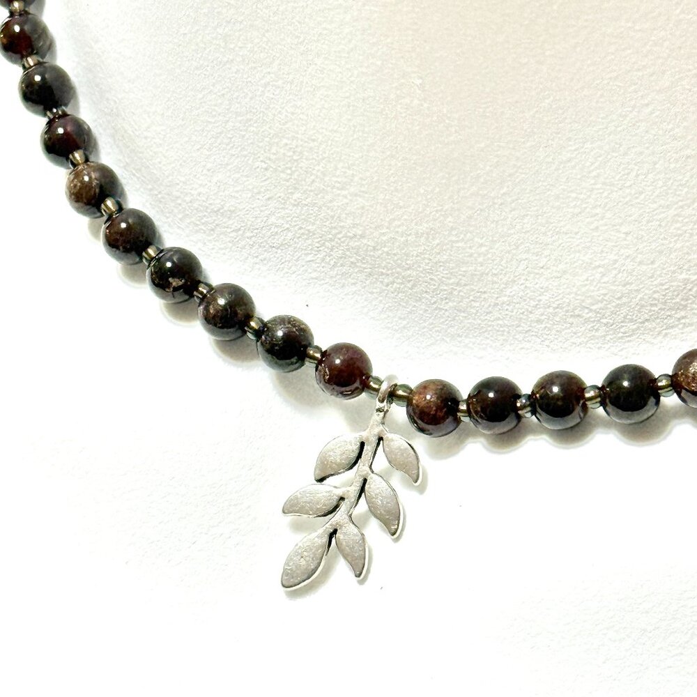 Deep Wine Red Garnet Short Necklace, Genuine Gemstone & Silver Leaf Branch Charm
